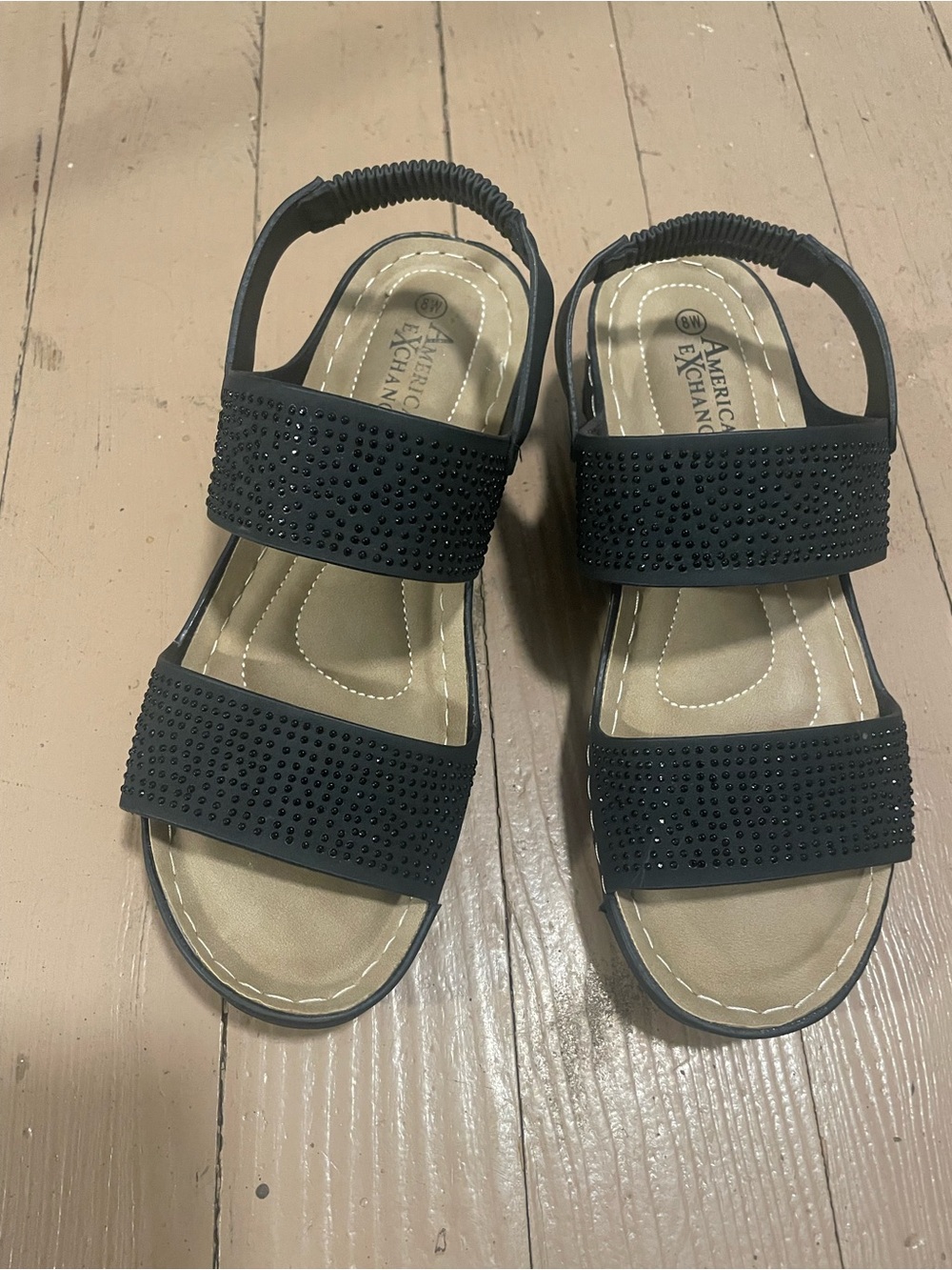 American Exchange Black Rhinestone Double Strap Slingback Sandals